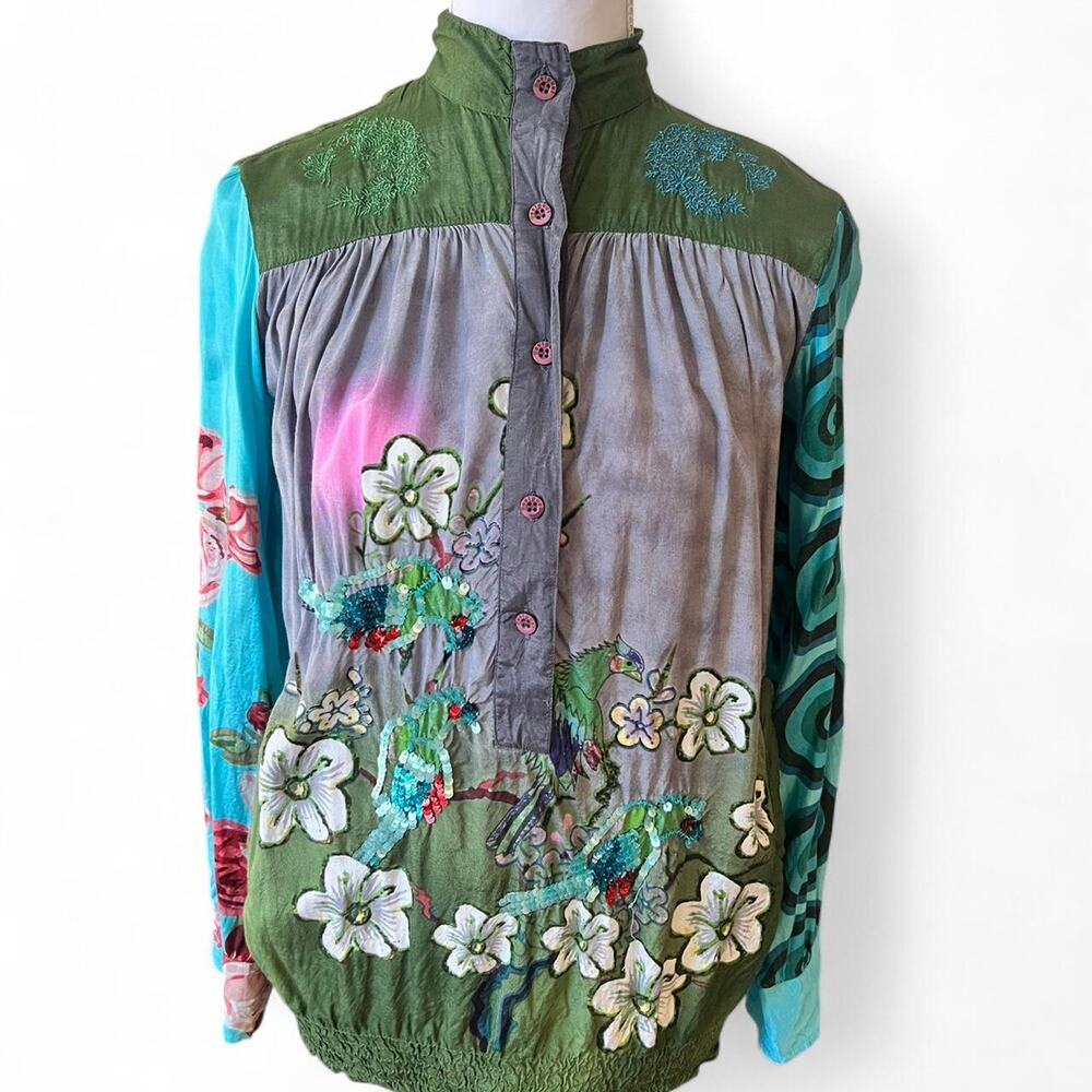 Desigual Floral Embroidered Sequin Blouse Top Multicolor Birds Boho Artsy Sz S
